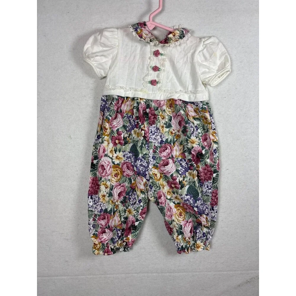 Infant‎ Floral Romper With Lace Collar & Rose Button Details